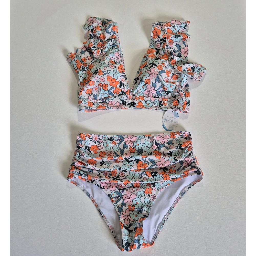 Floral High Waisted Bikini Set Ruffle Sleeve V-Neck Swimsuit Multi-Color NEW